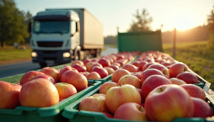 Truck transports fresh apple harvest from orchard. Red ripe apples in containers ready for delivery. Agricultural vehicle carries fruit for market. Food industry logistics and distribution concept.