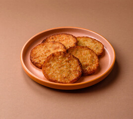 Potato hash browns, a cooked vegetable breakfast food. Potato hash brown