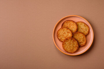 Potato hash browns, a cooked vegetable breakfast food. Potato hash brown