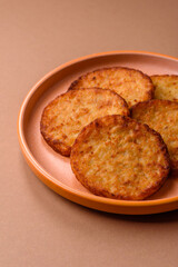 Potato hash browns, a cooked vegetable breakfast food. Potato hash brown