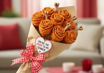 A bouquet made of fried chicken pieces arranged like roses, tied with a red and white checkered ribbon and a heartshaped tag