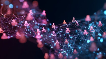 Revolutionizing industries through advanced ai and data science. Virtual connections map. Big data technology transforming data science with ai analysis. Virtual teamwork icons.