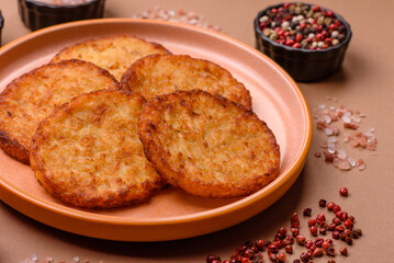 Potato hash browns, a cooked vegetable breakfast food. Potato hash brown