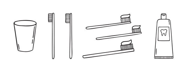 Toothpaste, toothbrush, dental cleaning equipment doodle hand drawn icon. Outline drawing toothpaste, toothbrush, line clipart symbol