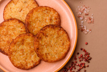 Potato hash browns, a cooked vegetable breakfast food. Potato hash brown