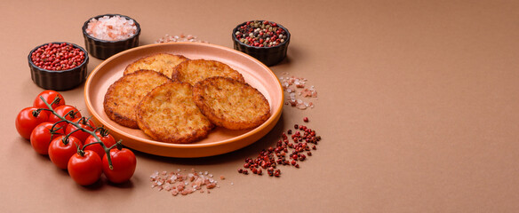 Potato hash browns, a cooked vegetable breakfast food. Potato hash brown