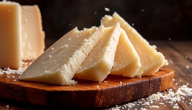 Parmigiano. Row of pale cheese slices neatly fanned on a wooden cutting board
