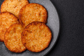 Potato hash browns, a cooked vegetable breakfast food. Potato hash brown