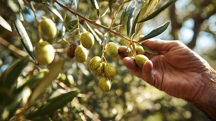Hand harvesting ripe olives from a branch, showing the traditional process of collecting fruits for olive oil production in a sunny agricultural field