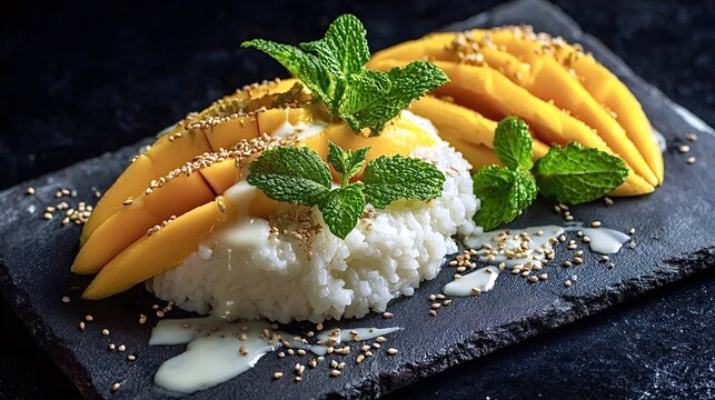 Mango sticky rice, a traditional thai dessert, presented on a dark slate plate, features ripe mango slices, sweet sticky rice, creamy coconut sauce, sesame seeds, and fresh mint leaves
