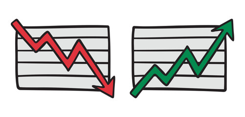 infographic chart fall and rise business up and down arrow icon doodle hand drawn. colorful cartoon line drawing clipart symbol business bust and boom  © Yanka