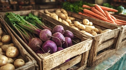 Market stall offering a variety of fresh organic root vegetables including vibrant red beets with green tops, rustic potatoes, and bright orange carrots, arranged in rustic wooden crates