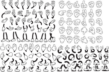 Retro cartoon legs and hands, Hands with gloves and feet with boots, various poses for characters, a set of poses, gestures, placement of hands and feet. Mascot character set. Cartoon set of limbs.eps