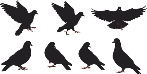 Silhouette pigeons in flight and standing, black bird illustration, red eyes and feet, urban wildlife design, ornithology, animal behavior study