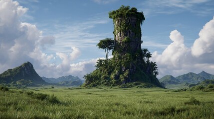 Tropical landscape with overgrown stone tower on hill