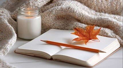 Warm cozy composition showing a glowing candle, an open diary with a pencil, and an autumn maple leaf resting on a soft knitted blanket for a relaxing moment