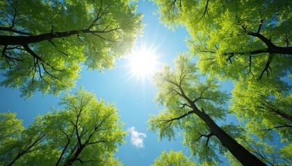 Obraz premium Looking up through vibrant green spring trees towards bright sun and clear blue sky. Sunlight filters through fresh foliage canopy, a symbol of renewal and nature growth.