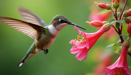 Tiny hummingbird hovers near vibrant trumpet flowers, drinking sweet nectar. Its iridescent green feathers shimmer against a soft green background. This quick bird explores a garden.