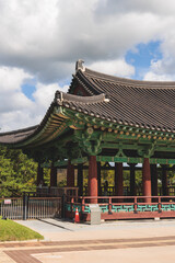 Gyeongju, South Korea, view of Donggung Palace and Wolji Pond in a sunny day, North Gyeongsang Province, Gyeongju city, Silla dinasty traditional Korean hanok architecture, Yeongnam region