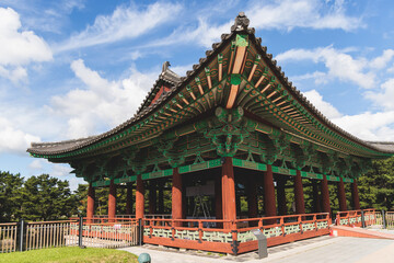 Gyeongju, South Korea, view of Donggung Palace and Wolji Pond in a sunny day, North Gyeongsang Province, Gyeongju city, Silla dinasty traditional Korean hanok architecture, Yeongnam region