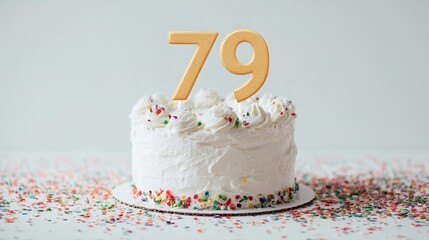 A festive white cake with a gold '79' candle on top, surrounded by colorful sprinkles, perfect for a birthday celebration.