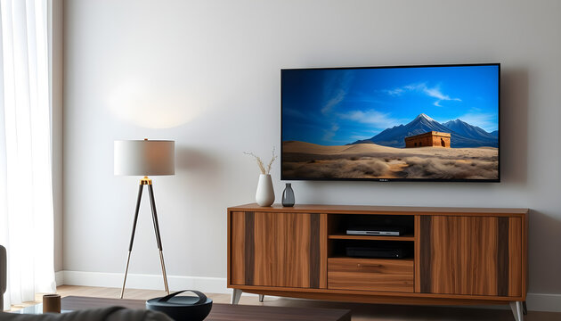 Simple television unit in front of beige wall, living room, interior design. Generative AI