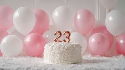 A beautiful white birthday cake adorned with the number 23, set against a backdrop of pink and white balloons.
