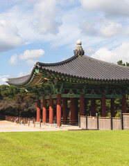 Gyeongju, South Korea, view of Donggung Palace and Wolji Pond in a sunny day, North Gyeongsang Province, Gyeongju city, Silla dinasty traditional Korean hanok architecture, Yeongnam region