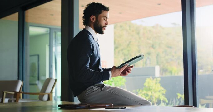 Happy, business and man with tablet in office for research, proofreading article and update draft. Person, thinking and digital for editor feedback, review newsletter and information for publication