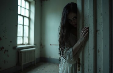 Fototapeta premium Scary woman hides behind old door. Creepy female peeks from doorway, spooky atmosphere in abandoned room. Dark mood, horror theme, unsettling presence.