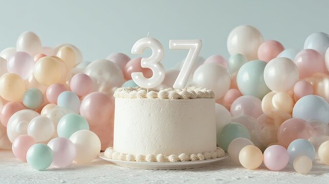 A beautiful birthday cake decorated with pastel balloons for a 37th celebration.