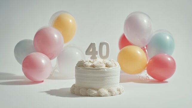 A festive scene featuring a white birthday cake with '40' candles surrounded by colorful balloons.