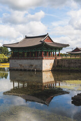 Gyeongju, South Korea, view of Donggung Palace and Wolji Pond in a sunny day, North Gyeongsang Province, Gyeongju city, Silla dinasty traditional Korean hanok architecture, Yeongnam region