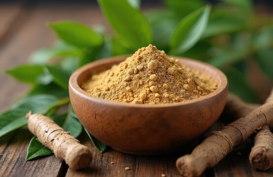 Powdered eurycoma longifolia extract in wood bowl. Green leaves and roots of tongkat ali herb on wooden table. Herbal medicine concept for health supplement.
