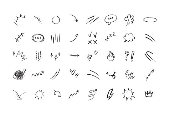 Doodle hand drawn cute cartoon expression sign. Line curve arrows, emoticon elements, symbols