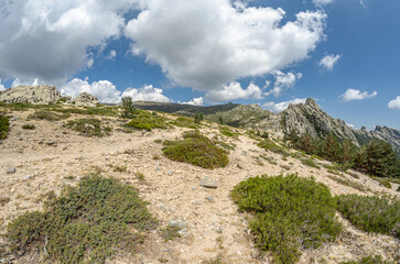 Landscape in La Pedriza, a large granite batholith in the Guadarrama Mountains, Spain; fisheye view