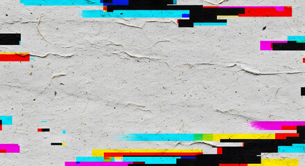 Abstract white textured paper with colorful glitch effect overlay pattern