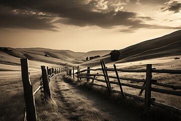 Serene countryside path leading through golden fields under a dramatic sky at sunset