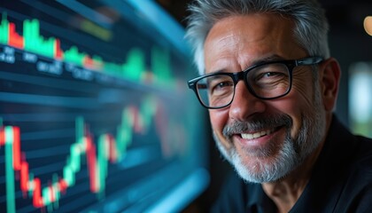 Smiling man views stock market charts on screen. Trader analyzes data. Financial expert happy with market success. Investor monitors stock graph growth. Businessman watches stock exchange information.