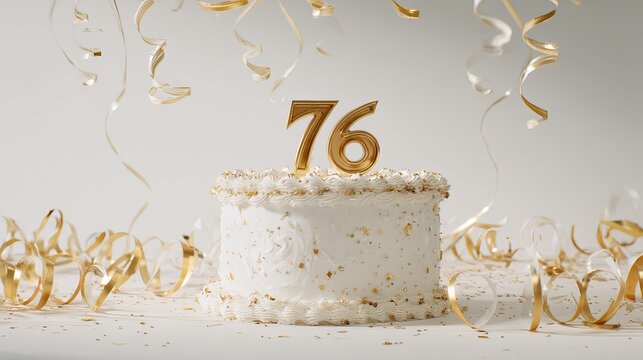 A festive white cake adorned with a glittering golden '76' candle, surrounded by shimmering gold ribbons and confetti.