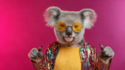 A koala wearing sunglasses and a yellow jacket. The koala is holding up its right arm and has a pair of scissors in its left hand