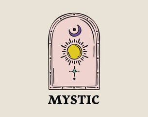 Mystic arched frame with sun moon star symbols, celestial portal, hand drawn