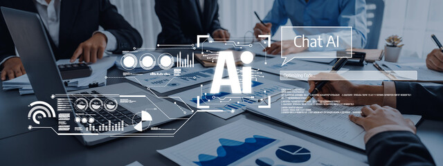 A dynamic business meeting focused on artificial intelligence, showcasing charts, graphs, and data analysis in a modern office setting with engaged professionals. Trope