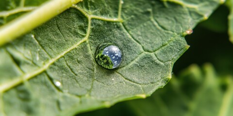 Raindrop resting gently on a vibrant green leaf a perfect illustration of natures serene beauty