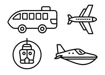 Set of four vector icons featuring airplane car bus and boat transportation symbols scalable graphics for design silhouette White background