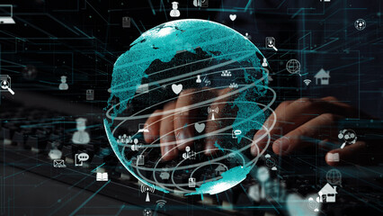 This image illustrates a concept of digital global connectivity, featuring hands typing on a keyboard surrounded by various technology and communication icons. Xenic