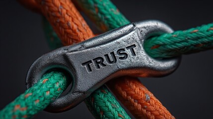TRUST" clevis binding colorful ropes on dark