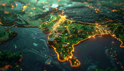 Detailed map of India, circuit board style, lit cities