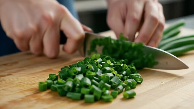 Someone carefully chops fresh green onions on a wooden cutting board with a sharp kitchen knife, preparing ingredients for a delicious culinary creation in a kitchen setting.