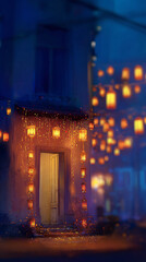 House decorated with glowing lanterns and string lights at night, festive street illumination for celebration or Diwali festival